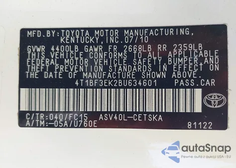 2011 Toyota Camry Se из США, поврежденный, VIN 4T1BF3EK2BU634601